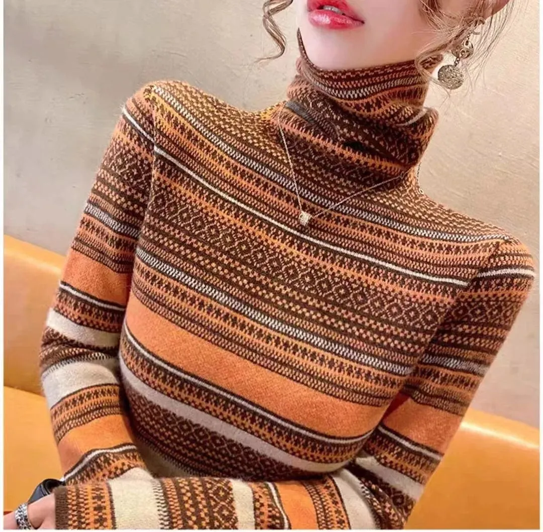 Women's Slim Fit Turtleneck Sweater – Long Sleeve Vintage-Style Elegant Pullover with Stretch