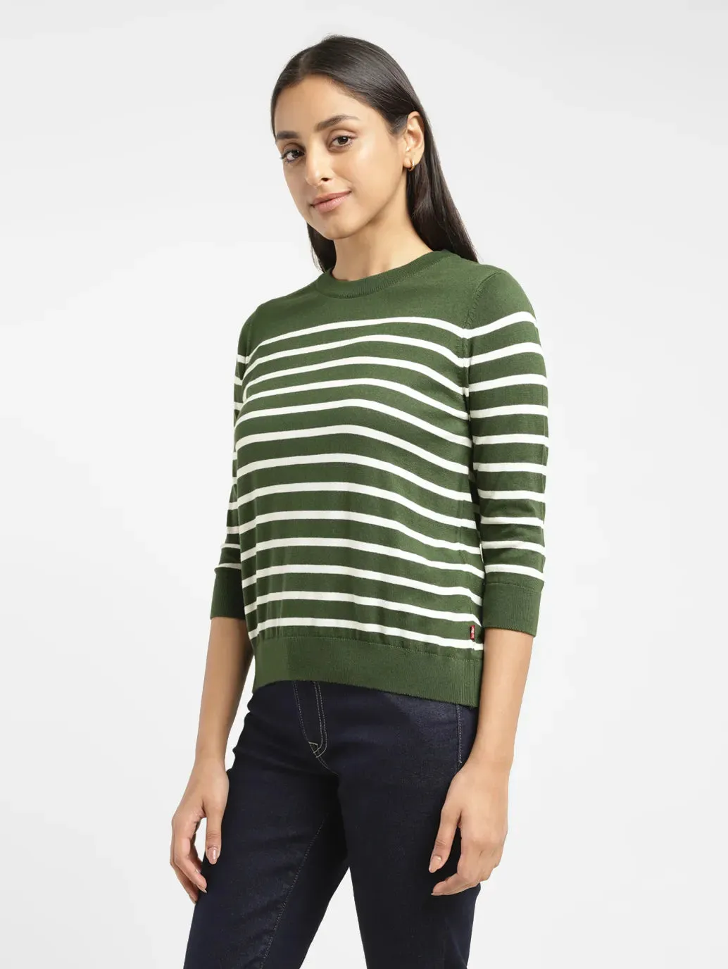 Women's Striped Green Crew Neck Sweater