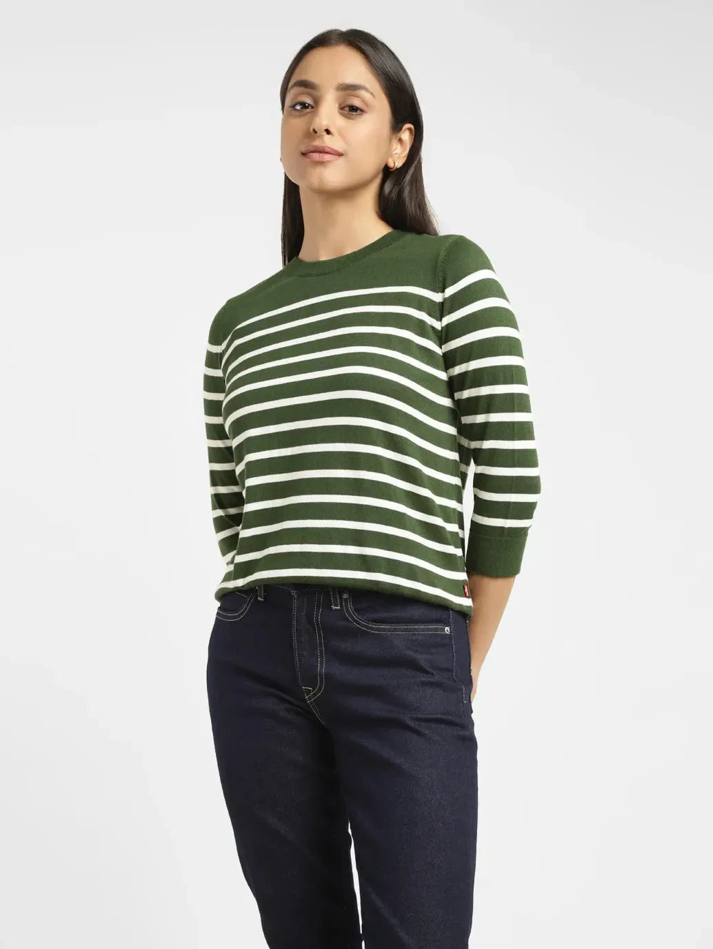 Women's Striped Green Crew Neck Sweater