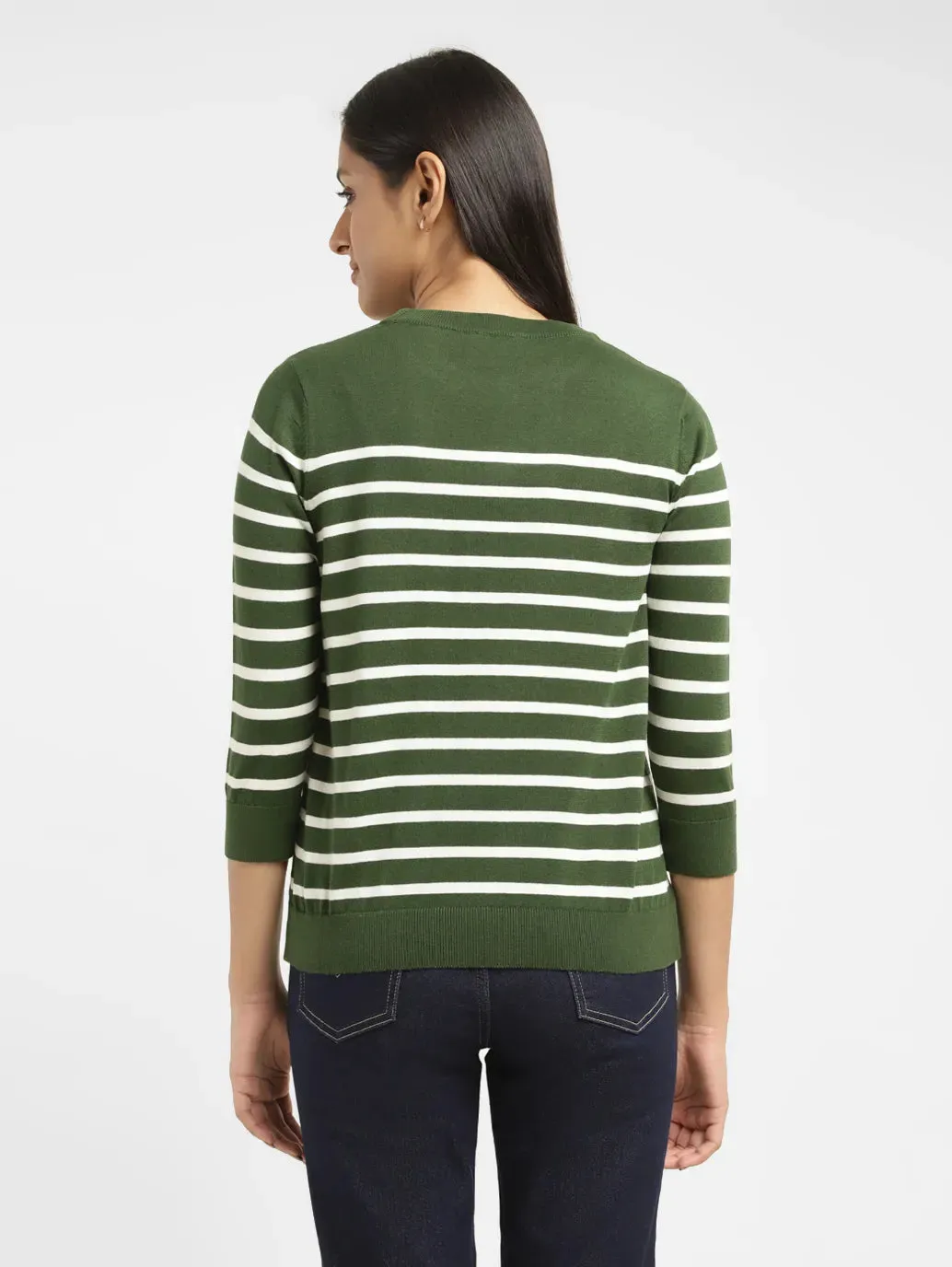 Women's Striped Green Crew Neck Sweater