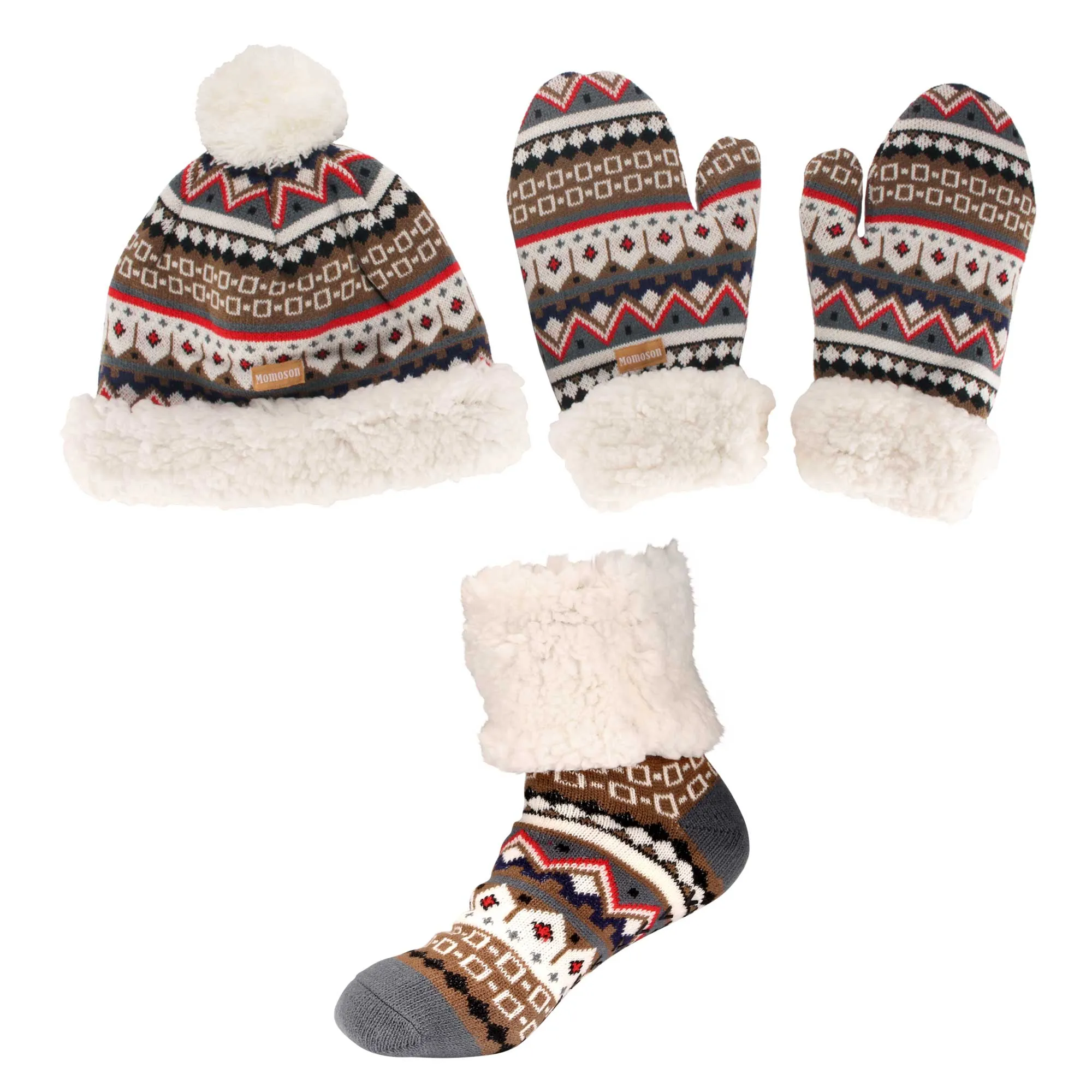 Women's Warm Fuzzy Winter Socks, Pom-Pom Beanie, and Mittens Set