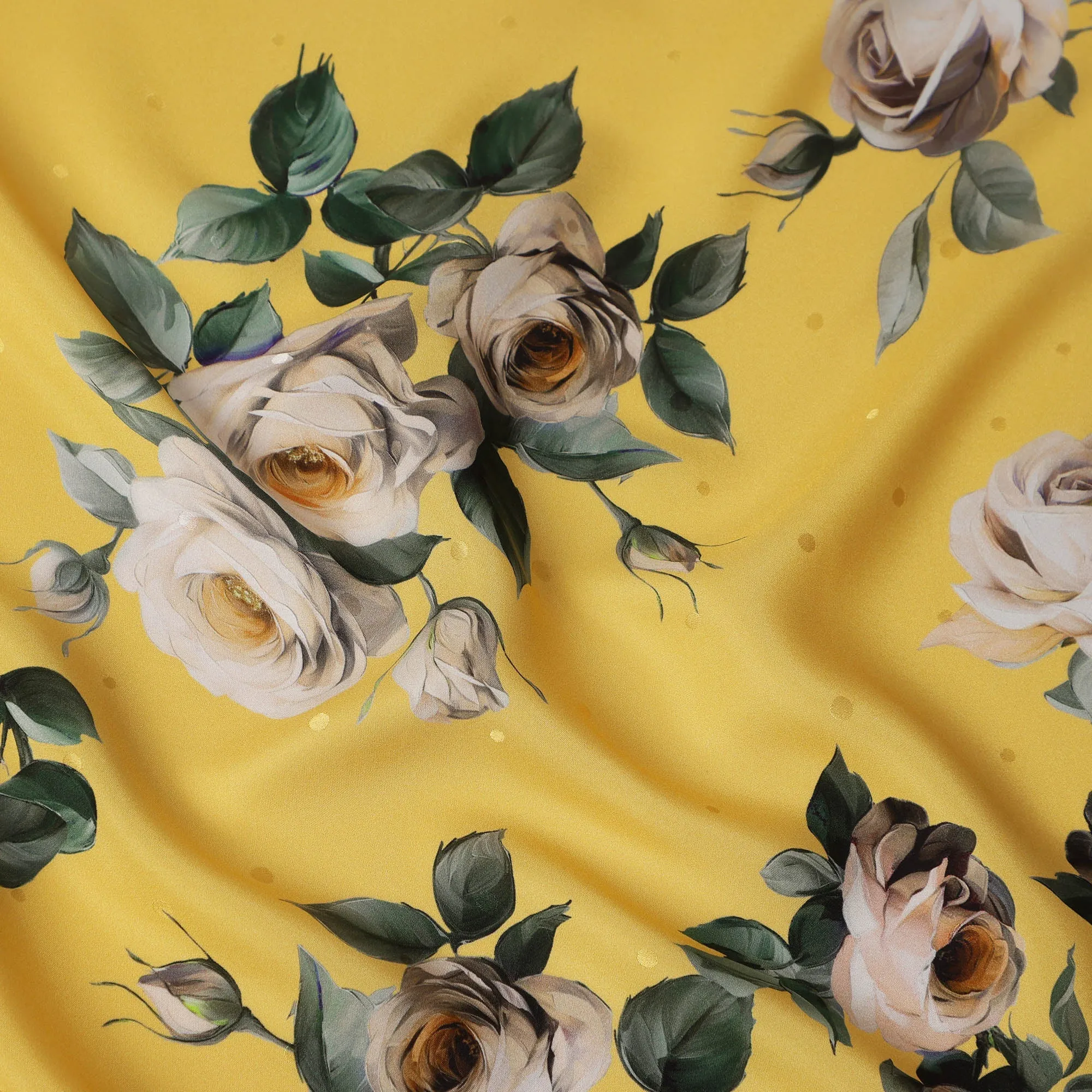 Yellow and Ivory Rose Print Pure Silk Satin Fabric, 140 cm Width, Made in Italy -D21171