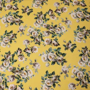 Yellow and Ivory Rose Print Pure Silk Satin Fabric, 140 cm Width, Made in Italy -D21171