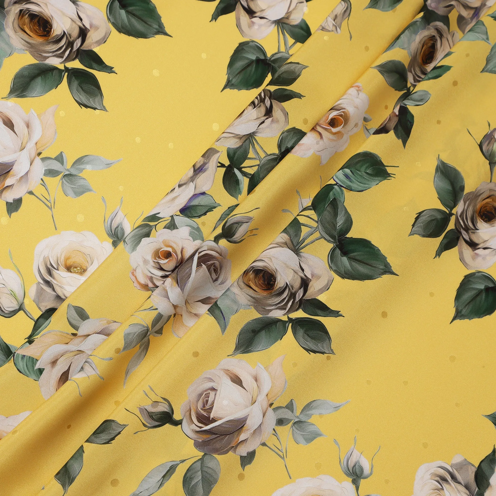 Yellow and Ivory Rose Print Pure Silk Satin Fabric, 140 cm Width, Made in Italy -D21171