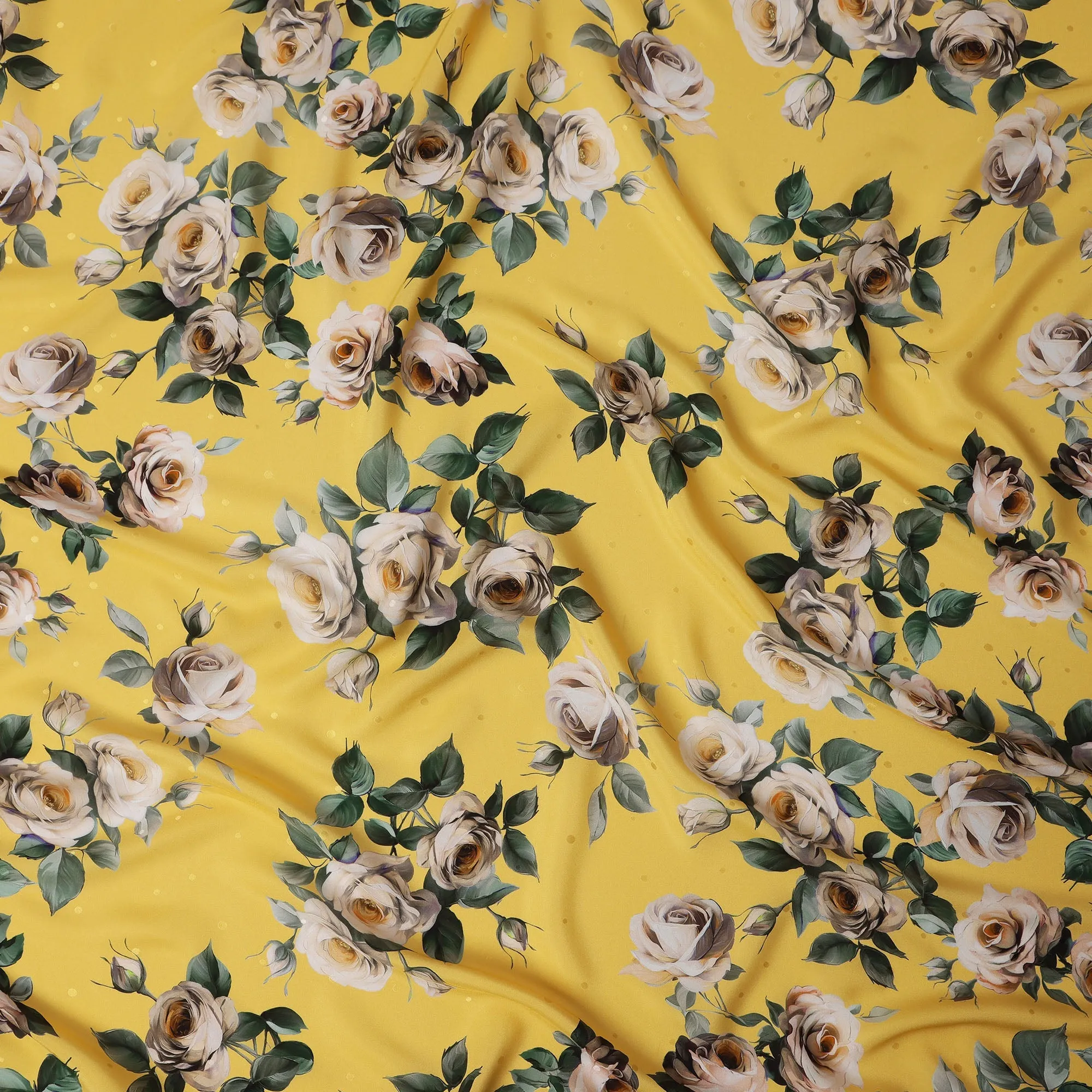 Yellow and Ivory Rose Print Pure Silk Satin Fabric, 140 cm Width, Made in Italy -D21171